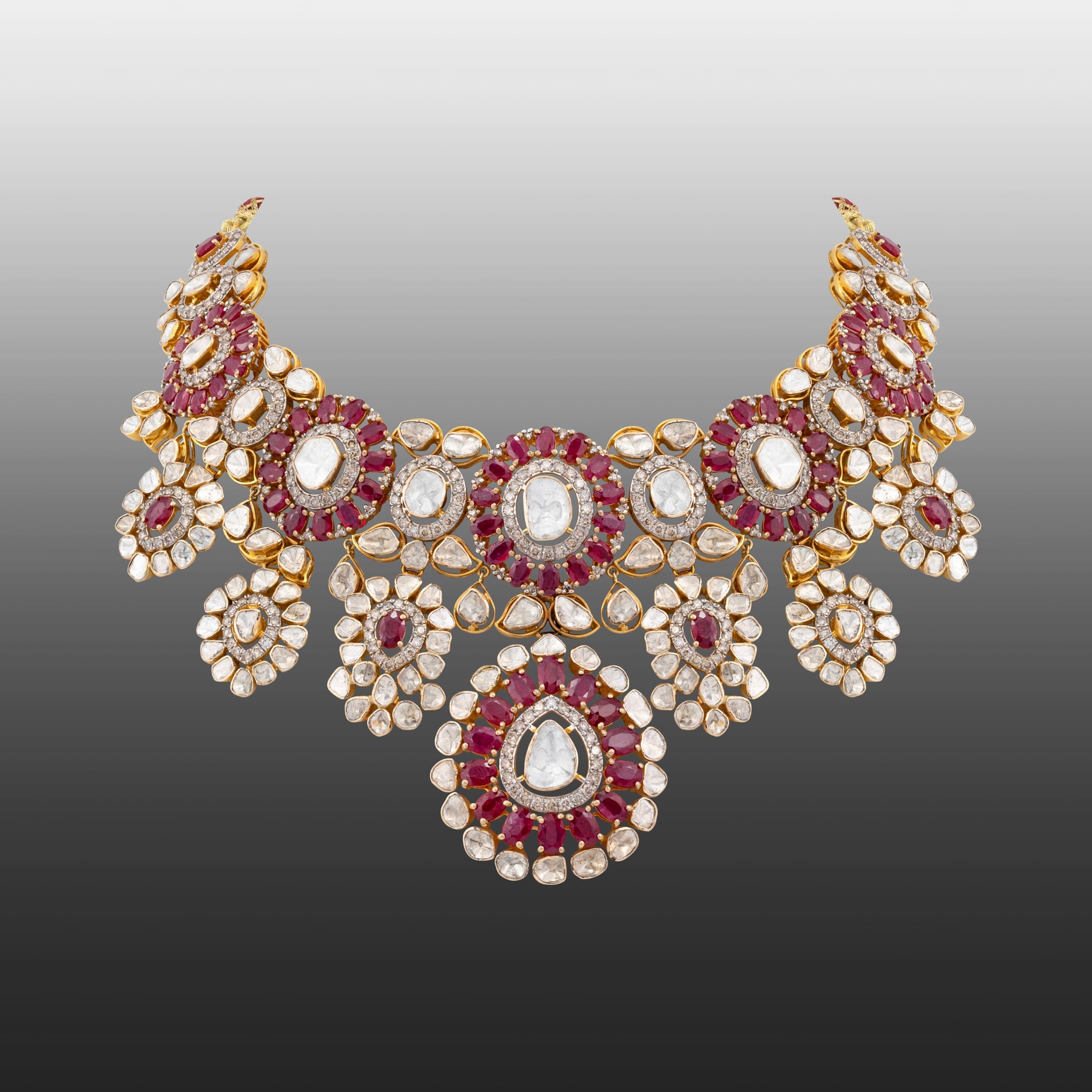 Ruby and Polki Floral Necklace with Diamond Accents